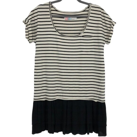 Free People Beach Striped ShortSleeve RoundNeck Top w Black Ruffle Peplum Hem XS - Picture 1 of 14